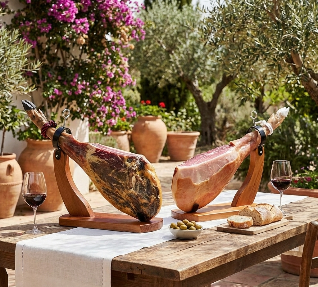 Jamones ibéricos de bellota de Extremadura sobre jamoneros de madera, pieza entera curada en bodega tradicional, listos para comprar online en Badajoz